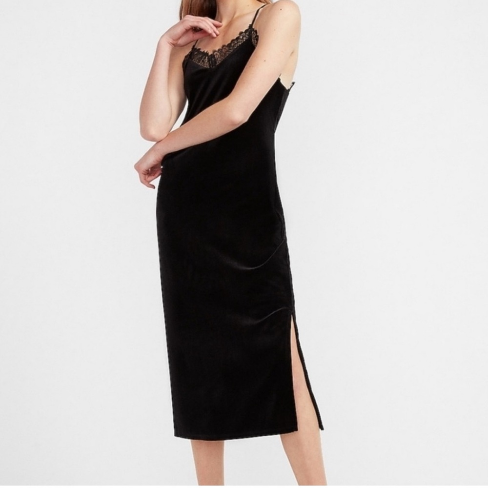 Express Black Velvet Dress with Lace Trim size L